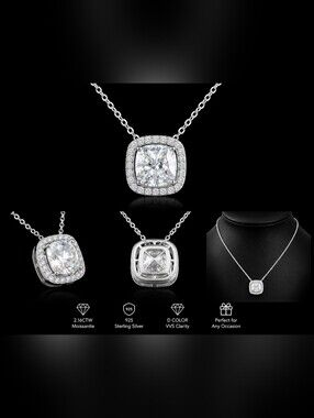 2.15CTW Moissanite Halo Pendant Necklace Sterling Silver 925 D/VVS”
